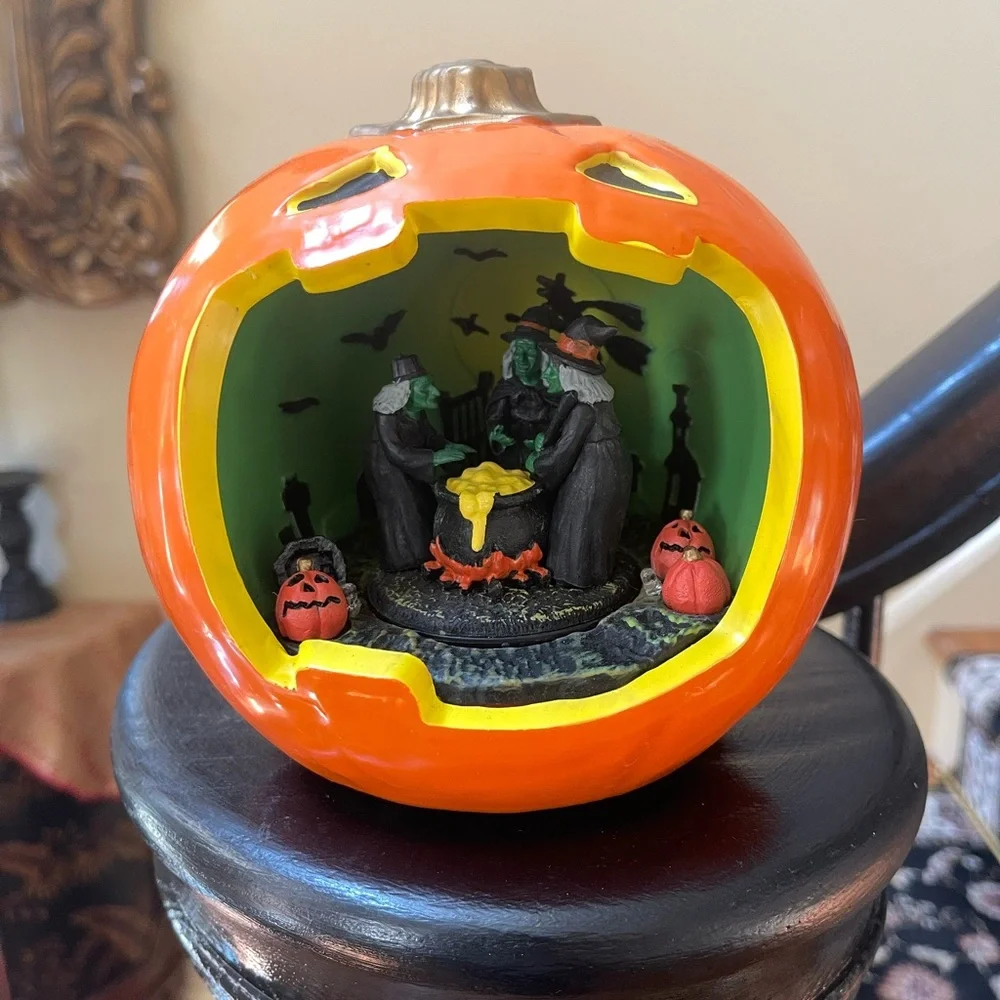 Halloween Village Scene Witch Trio Animated Roating sound Illumination See video